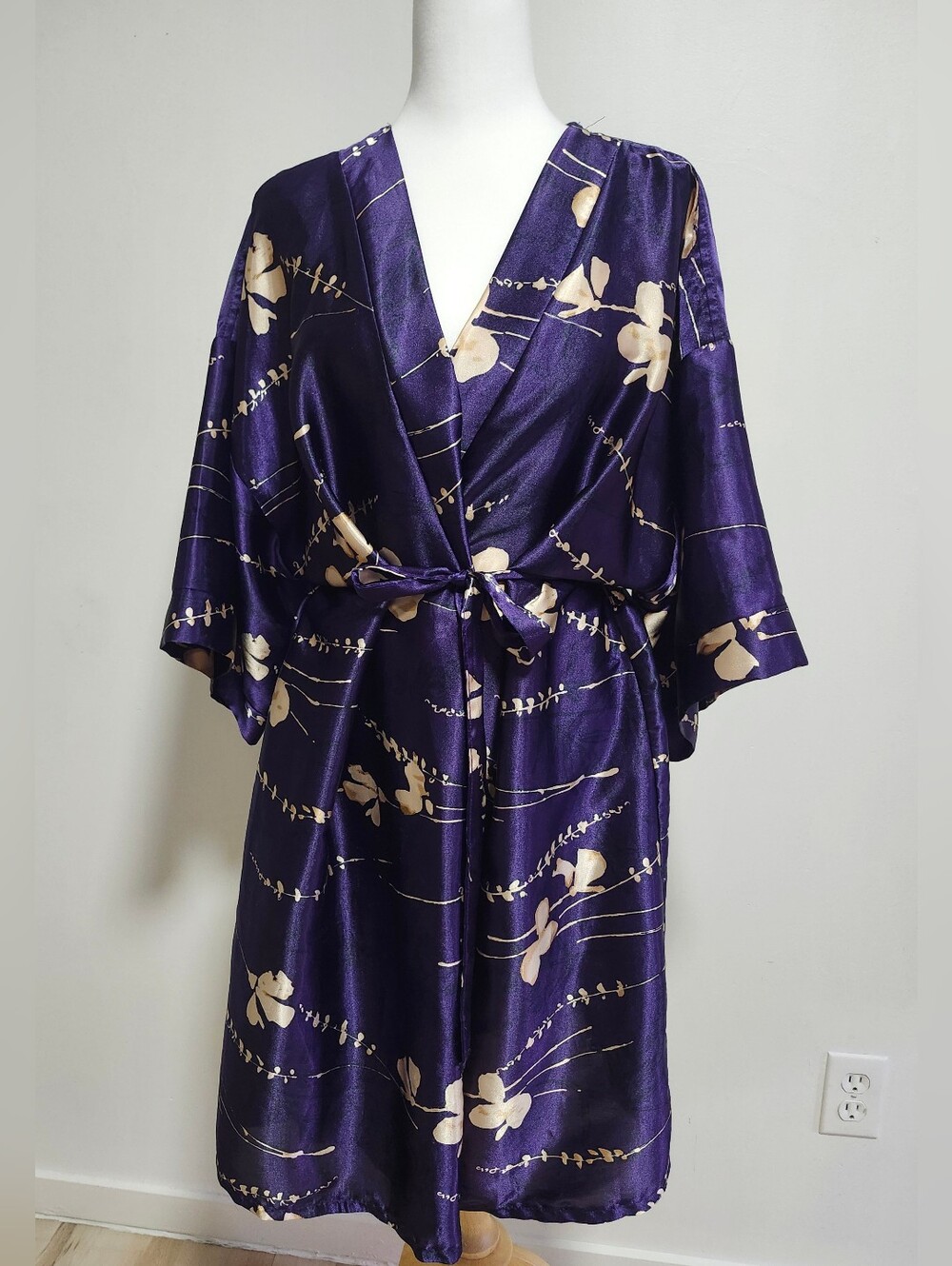 Purple Floral Satin Kimono Robe with Tie Waist